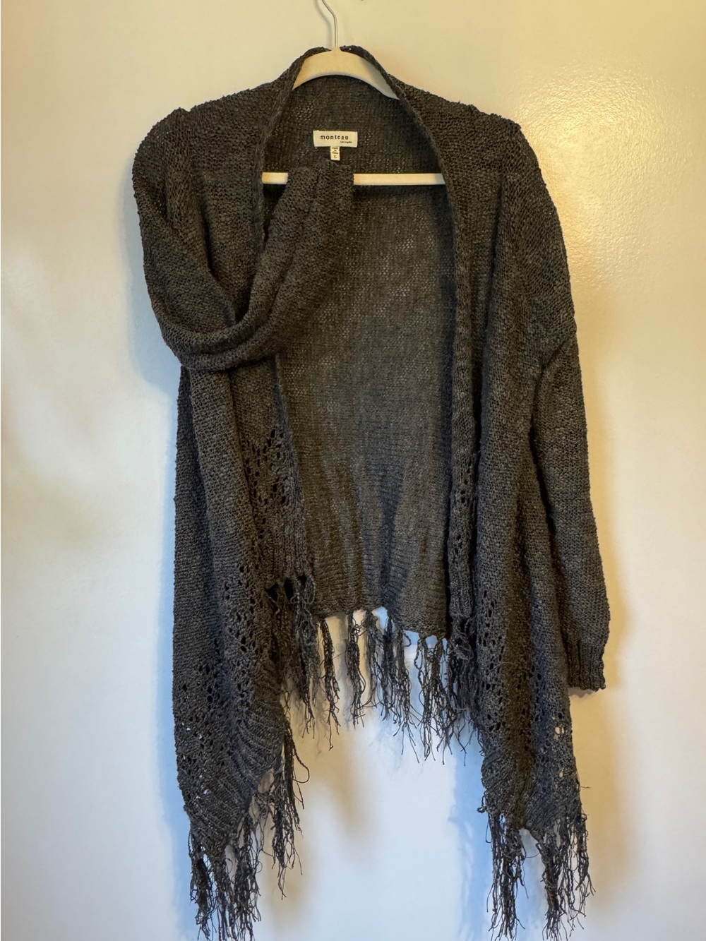 Monteau Dark Gray Open-Front Fringe Knit Cardigan